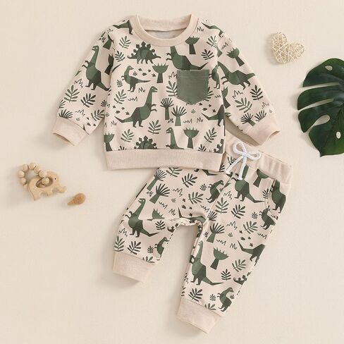 MA&BABY Toddler Boys Fall Outfits Dinosaur Print Pocket Long Sleeve Sweatshirts and Long Pants 2Pcs Clothes Set in Saudi Arabia