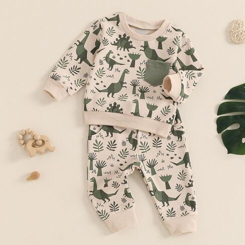 MA&BABY Toddler Boys Fall Outfits Dinosaur Print Pocket Long Sleeve Sweatshirts and Long Pants 2Pcs Clothes Set in Saudi Arabia