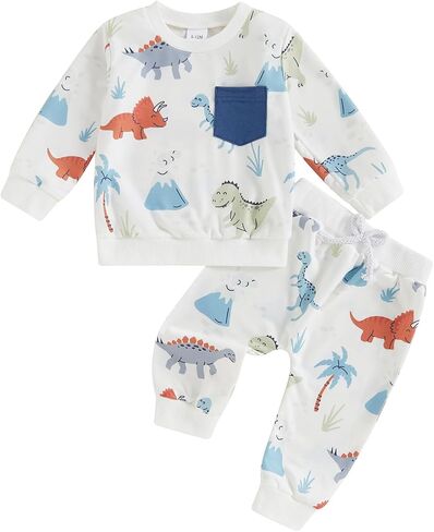 MA&BABY Toddler Boys Fall Outfits Dinosaur Print Pocket Long Sleeve Sweatshirts and Long Pants 2Pcs Clothes Set in Saudi Arabia