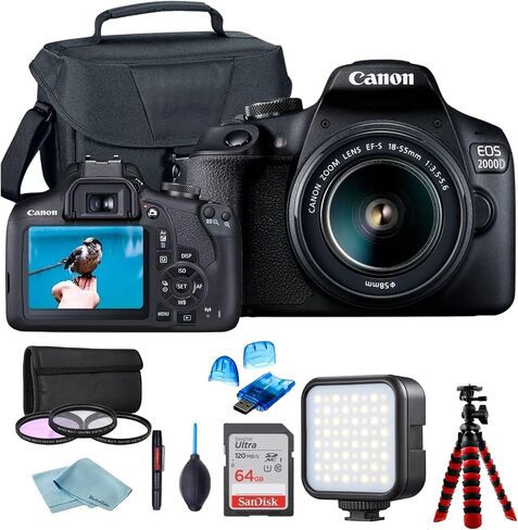 كاميرا Canon EOS 2000D (Rebel T7) DSLR مع عدسة تكبير EF-S 18-55 مم F/3.5-5.6 + حافظة + بطاقة ذاكرة سانديسك 64 جيجابايت + طقم فلتر 3 قطع + قارئ بطاقات + مجموعة تنظيف (الطراز الدولي)، أسود (متجدد) ) in Saudi Arabia