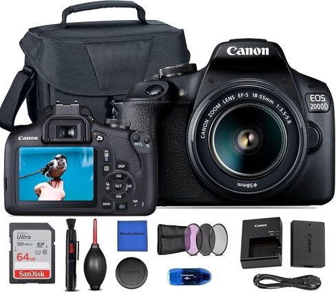 كاميرا Canon EOS 2000D (Rebel T7) DSLR مع عدسة تكبير EF-S 18-55 مم F/3.5-5.6 + حافظة + بطاقة ذاكرة سانديسك 64 جيجابايت + طقم فلتر 3 قطع + قارئ بطاقات + مجموعة تنظيف (الطراز الدولي)، أسود (متجدد) ) in Saudi Arabia