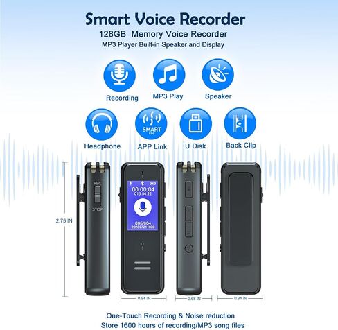 128GB Voice Recorder, Voice Recorder with Playback/APP, Capacity is 1600 Hrs Digital Voice Recorder,Mini Voice Recorder for Lectures, Meetings,Cars,Interviews,Class(Memory-128GB) in Saudi Arabia