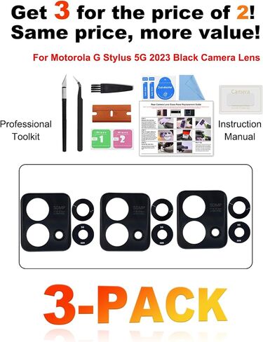 3 عبوات لاستبدال زجاج عدسة الكاميرا الخلفية Moto G Stylus 5G 2023 XT2315، عدسة الكاميرا الخلفية للهاتف المحمول مع واقي العدسة XT2315، دليل التعليمات المتضمن، مجموعة أدوات (أسود كوني) in Saudi Arabia