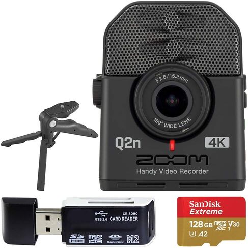 Zoom Q2n-4K مسجل فيديو فائق الوضوح سهل الاستخدام + بطاقة ذاكرة سعة 128 جيجابايت مع محول SD + قارئ بطاقة USB + مقبض يد ثلاثي القوائم للطاولة in Saudi Arabia