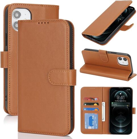 for iPhone 12 Case Wallet with Card Holder,iPhone 12 Wallet Case for Women Men,Leather Shockproof Magnetic Buckle Stand Flip Phone Case-Brown in Saudi Arabia