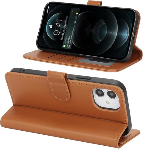 for iPhone 12 Case Wallet with Card Holder,iPhone 12 Wallet Case for Women Men,Leather Shockproof Magnetic Buckle Stand Flip Phone Case-Brown in Saudi Arabia
