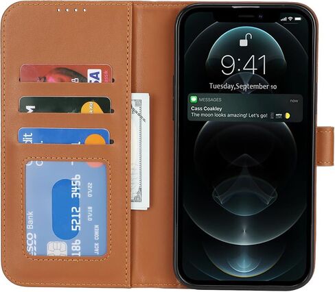 for iPhone 12 Case Wallet with Card Holder,iPhone 12 Wallet Case for Women Men,Leather Shockproof Magnetic Buckle Stand Flip Phone Case-Brown in Saudi Arabia