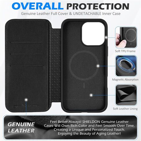 SHIELDON Case for iPhone 16 Pro Max 6.9", Genuine Leather Slim Wallet Wireless Charging Magnetic Closure RFID Blocking Card Slots Shockproof Cover Compatible with iPhone 16 Pro Max 5G - Nappa Black in Saudi Arabia