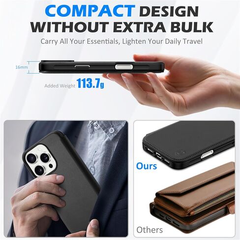 SHIELDON Case for iPhone 16 Pro Max 6.9", Genuine Leather Slim Wallet Wireless Charging Magnetic Closure RFID Blocking Card Slots Shockproof Cover Compatible with iPhone 16 Pro Max 5G - Nappa Black in Saudi Arabia