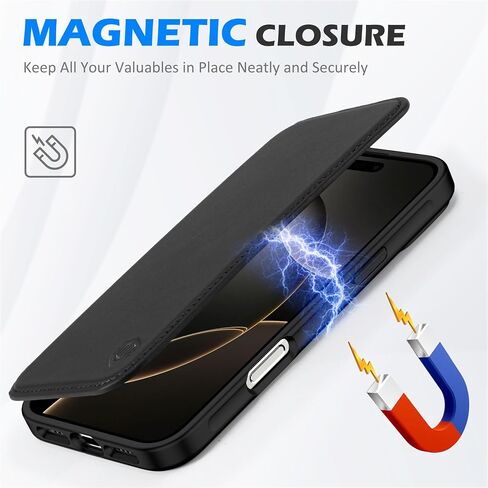 SHIELDON Case for iPhone 16 Pro Max 6.9", Genuine Leather Slim Wallet Wireless Charging Magnetic Closure RFID Blocking Card Slots Shockproof Cover Compatible with iPhone 16 Pro Max 5G - Nappa Black in Saudi Arabia
