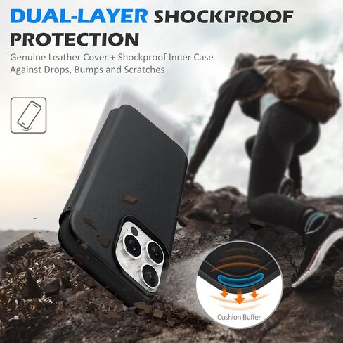 SHIELDON Case for iPhone 16 Pro Max 6.9", Genuine Leather Slim Wallet Wireless Charging Magnetic Closure RFID Blocking Card Slots Shockproof Cover Compatible with iPhone 16 Pro Max 5G - Nappa Black in Saudi Arabia