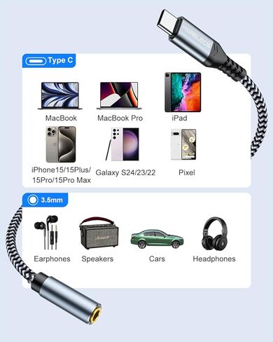 USB C to 3.5mm Audio Adapter Aux to USB C - USB Type C to 3.5mm Female Headphone Jack Adapter Compatible with iPhone 15 Plus/15 Pro Max, Galaxy S24 S23 S22 S21, Pixel, MacBook in Kuwait