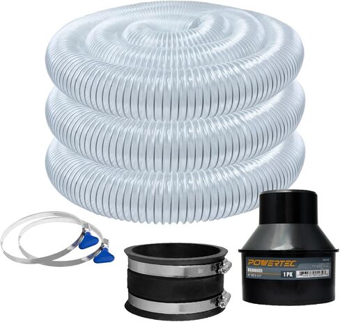 POWERTEC 70436 4" x 20' PVC Dust Collection Hose with 2 Stainless Steel Hose Clamps, 4" Dust Control Flex Cuff and 4" Hose to 2-1/2" Hose Cone Reducer for Woodworking and Shop Vacuum in Saudi Arabia