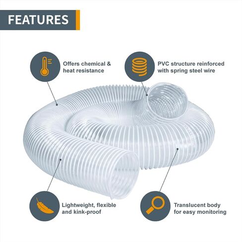 POWERTEC 70436 4" x 20' PVC Dust Collection Hose with 2 Stainless Steel Hose Clamps, 4" Dust Control Flex Cuff and 4" Hose to 2-1/2" Hose Cone Reducer for Woodworking and Shop Vacuum in Saudi Arabia