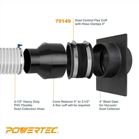 POWERTEC 70436 4" x 20' PVC Dust Collection Hose with 2 Stainless Steel Hose Clamps, 4" Dust Control Flex Cuff and 4" Hose to 2-1/2" Hose Cone Reducer for Woodworking and Shop Vacuum in Saudi Arabia