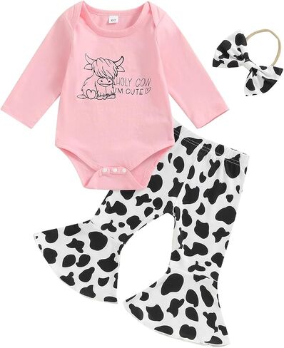 Chloefairy Western Baby Girl Fall Clothes Holy Cow I'm Cute Romper Bell Bottoms Flare Pants Set 3Pcs Infant Cowgirl Outfit in Saudi Arabia