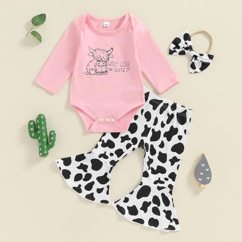 Chloefairy Western Baby Girl Fall Clothes Holy Cow I'm Cute Romper Bell Bottoms Flare Pants Set 3Pcs Infant Cowgirl Outfit in Saudi Arabia