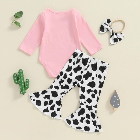 Chloefairy Western Baby Girl Fall Clothes Holy Cow I'm Cute Romper Bell Bottoms Flare Pants Set 3Pcs Infant Cowgirl Outfit in Saudi Arabia