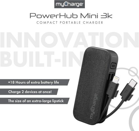 myCharge PowerHub Mini Portable Charger for iPhone - 3000mAh & Built in Cables (Lightning, Type C) 12W Turbo USB C Power Bank Fast Charging Battery Pack (Black) in Saudi Arabia
