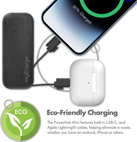 myCharge PowerHub Mini Portable Charger for iPhone - 3000mAh & Built in Cables (Lightning, Type C) 12W Turbo USB C Power Bank Fast Charging Battery Pack (Black) in Saudi Arabia