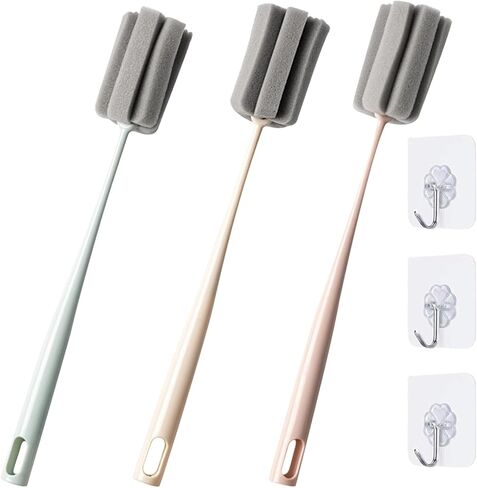 Sponge Bottle Brush 3 PCS Long Handle Bottle Brush Wine Glass Cleaner Cup Cleaning Brush Baby Bottle Scrubber (Large 3PCS) in Saudi Arabia