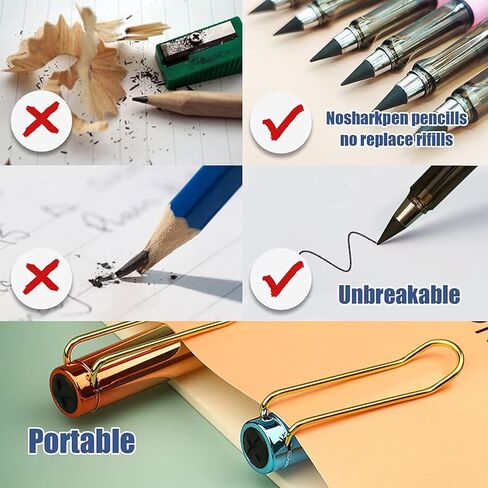 6 Pcs Inkless Eternal Pencils, Everlasting Infinity Magic Pencil with Eraser, Eternal Pencil For School Office for Writing, Sketch, Drawing(Built-in 6 Erasers + 6 Replacement Pen Tips) in Kuwait