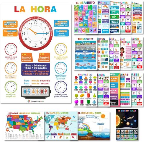 12 Spanish English Bilingual Educational Posters Water Proof Learning Chart for Preschool, Kindergarten, 1st Grade, Classroom Decoration, Alpabet, Alfabeto, Numbers, Seasons, Colors, Month of the in Kuwait