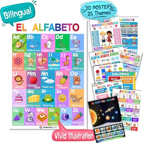 12 Spanish English Bilingual Educational Posters Water Proof Learning Chart for Preschool, Kindergarten, 1st Grade, Classroom Decoration, Alpabet, Alfabeto, Numbers, Seasons, Colors, Month of the in Kuwait