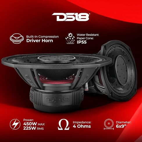 DS18 PRO-HY69.4B 6x9 مكبر صوت هجين متوسط ​​المدى مقاوم للماء مع محرك 1 بوصة بقدرة 250 واط بحد أقصى 4 أوم - نطاق متوسط ​​مع بوق محرك ضغط رائع للدراجات النارية وجميع التطبيقات الصوتية in Saudi Arabia