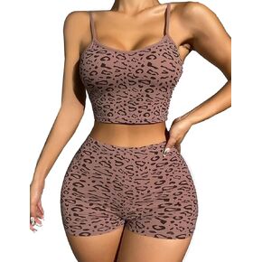 RSLOVE Pajamas for Women Set 2 Piece Top and Cami Short Leopard Print Pj Set Sexy Loungewear Workout tracksuits