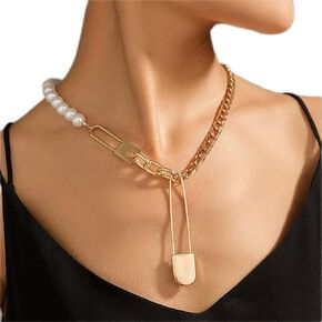 Wiwpar Chunky Rope Chain Choker Necklace Vintage Pearl Link Chain Love Lock Pendant Necklace Gold for Women and Girls