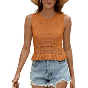CiCiBird Women Cute Crop Sweaters Vest Knit Sleeveless Pullover Tops Crochet Ruffle Hem Tank