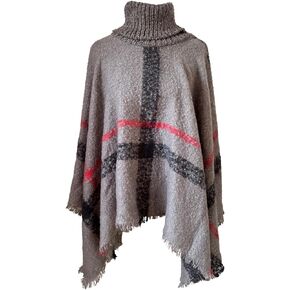 Women's Knit Plaid Warm Winter Classic Tassel Poncho Pullover Sweater