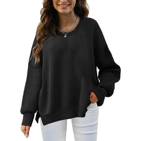 Bluetime Women's Tunic Sweaters Crewneck Batwing Long Sleeve Side Slit Oversized Knit Pullover Sweater Tops