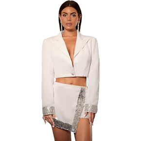 WDIRARA Women's Contrast Sequin Button Front Lapel Neck Long Sleeve Crop Blazer Jacket