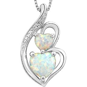 Lab Created Opal Birthstone Heart Pendant Necklace Diamond Accent in Sterling Silver and Gold Plate Silver