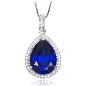 JewelryPalace Huge Pear Cut 10.9ct Created Blue Sapphire Halo Pendant Necklace for Women, 14k White Gold Plated 925 Sterling Silver Necklaces for Her, Gemstone Necklace 18 Inches Chain Jewelry Sets
