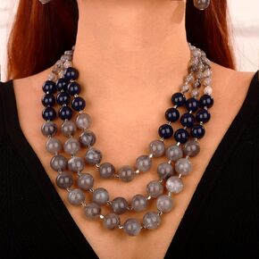 Wiwpar 3 Layer Colorful Multi Strand Simulated Pearl Beaded Statement Necklace Collar Bib Choker Necklace and Earrings Set for Women Girls