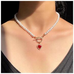 Iaceble Vintage Pearl Choker Necklace Red Heart Gemstone Pendant Necklace Round Pearl Chain Necklace Ruby Rhinestone Heart Necklace Jewelry for Women and Girls