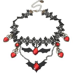 Halloween Witch Cosplay Drop Dangle Bat Gothic Red Stone Lace Choker Necklace for Women Girls Vintage Adjustable Victorian Lolita Short Necklace Christmas Party Decoration Dress Up Costume Accessories Gift 13.6"