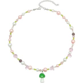 Y2K Pearl Beaded Choker Necklace Friendship Mushroom Pendant Necklace for Women Teen Girls Handmade Boho Summer Jewelry