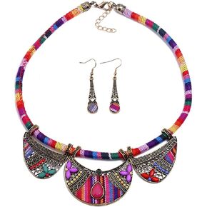 Outyua Retro Ethnic African National Jewelry Set with Earrings Choker Statement Bib Chunky Necklace Tribal Collar Colorful Bohemian Necklace Earrings for Women