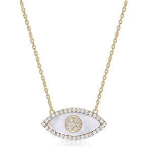 Lavari Jewelers Black Onyx, Malachite or Mother of Pearl Evil Eye Pendant Necklace for Women in 925 Sterling Silver with Yellow Gold Plating on 18 Inch Long Adjustable Chain Lobster Claw