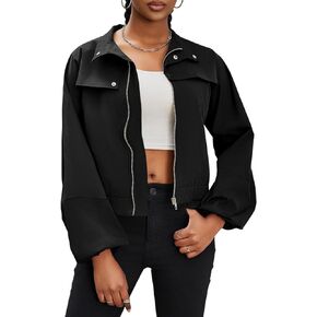 Tankaneo Womens Casual Bomber Jacket Zip Up Waterproof Windbreaker Cropped Raincoat With Pockets