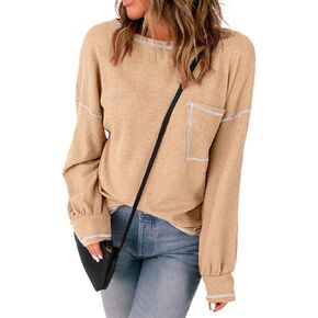 CARCOS Plus Size Waffle Tops Long Sleeve Pullover Beige Knit Embroidered Craft Pocket Round Neck Casual Loose Fit Fall Blouse Winter 4Xl 26W
