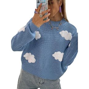 Floerns Women's Drop Shoulder Cloud Patched Sweater Crew Neck Long Sleeve Pullover