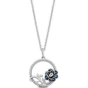 Jewelili Enchanted Disney Fine Jewelry Sterling Silver 1.25MM Round London Blue Topaz and 1/6 Cttw Natural White Round Diamond Cinderella 70th Gardania Flower Circle Pendant Necklace, 18" Cable Chain