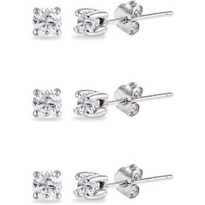 3-Pair Set Sterling Silver Gemstone 2mm Tiny Round Stud Earrings