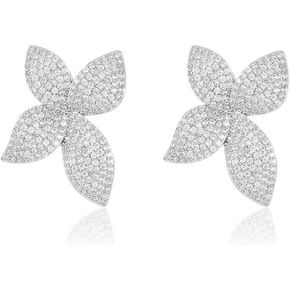 Luxury Flower Cubic Zirconia Crystal Statement Stud Earrings for Women Dainty 925 Sterling Silver Post Diamond Petal Flowers Huggie Studs Fashion Trendy Jewelry Wedding Valentines Day Gift