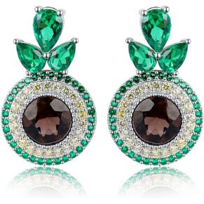 JewelryPalace Avocadoct Round Cut Genuine Smoky Quartz Simulated Emerald Halo Stud Earrings for Women, 925 Sterling Silver 14K White Gold Plated Earrings for Her, Natural Gemstone Jewelery Sets